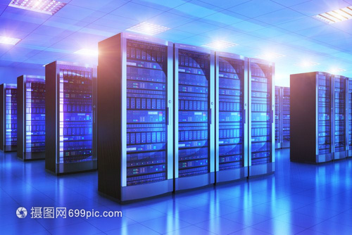 现代网络和互联电信技术大数据存储和云计算机服务业概念3D以蓝光数据中心显示服务器室的内部